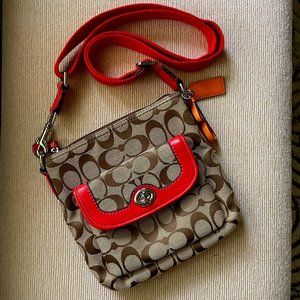 Coach Signature Messenger Crossbody Bag, Orange Trim with Monogram Canvas
